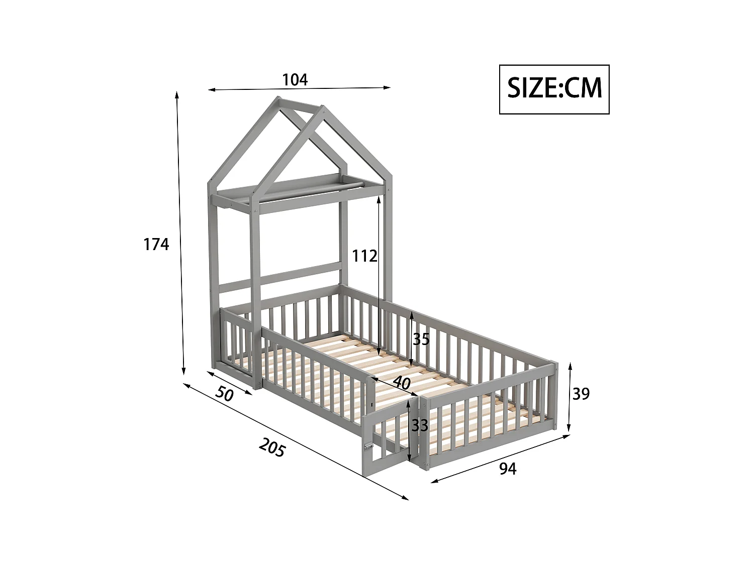 Lit cabane enfant avec barrières et porte, 90 x 200 cm, bois massif, espace de rangement, lauqé gris