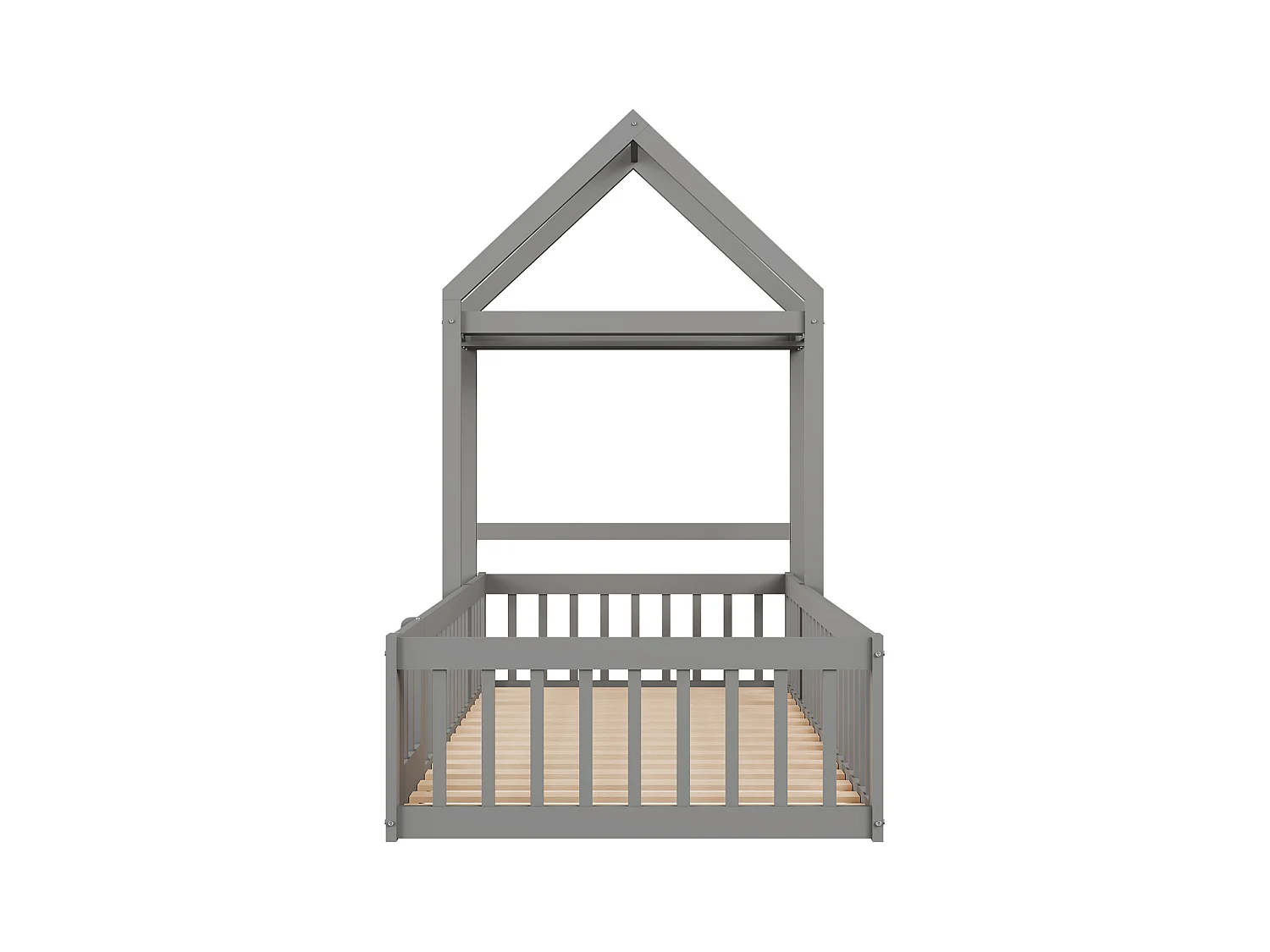 Lit cabane enfant avec barrières et porte, 90 x 200 cm, bois massif, espace de rangement, lauqé gris