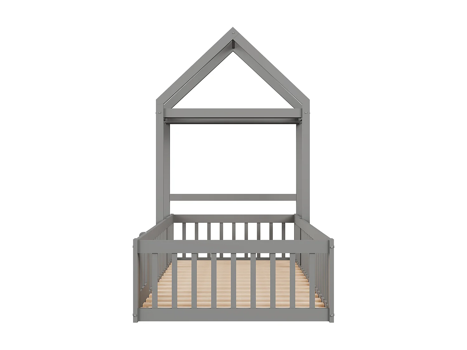 Lit cabane enfant avec barrières et porte, 90 x 200 cm, bois massif, espace de rangement, lauqé gris