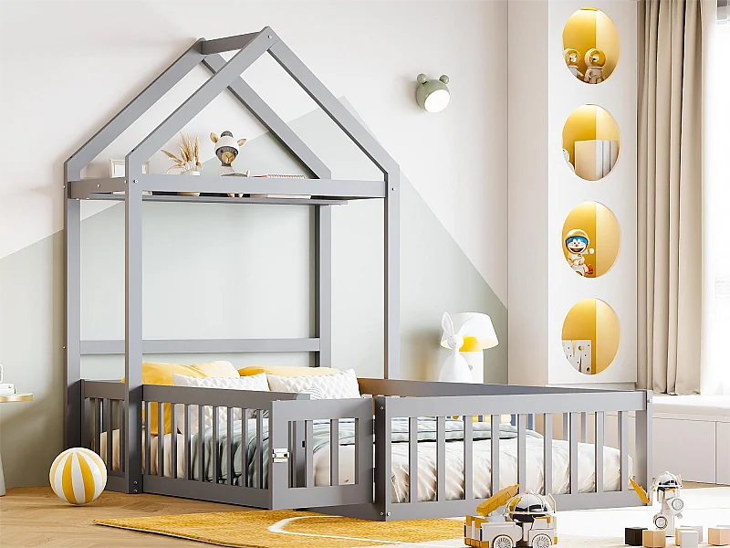 Lit cabane enfant avec barrières et porte, 90 x 200 cm, bois massif, espace de rangement, lauqé gris