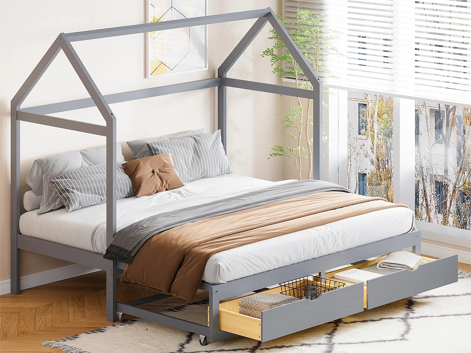 Cama cabina extensible 90/180 x 190 cm - sofá cama convertible - con 2 cajones y somier - madera de pino lacada en gris