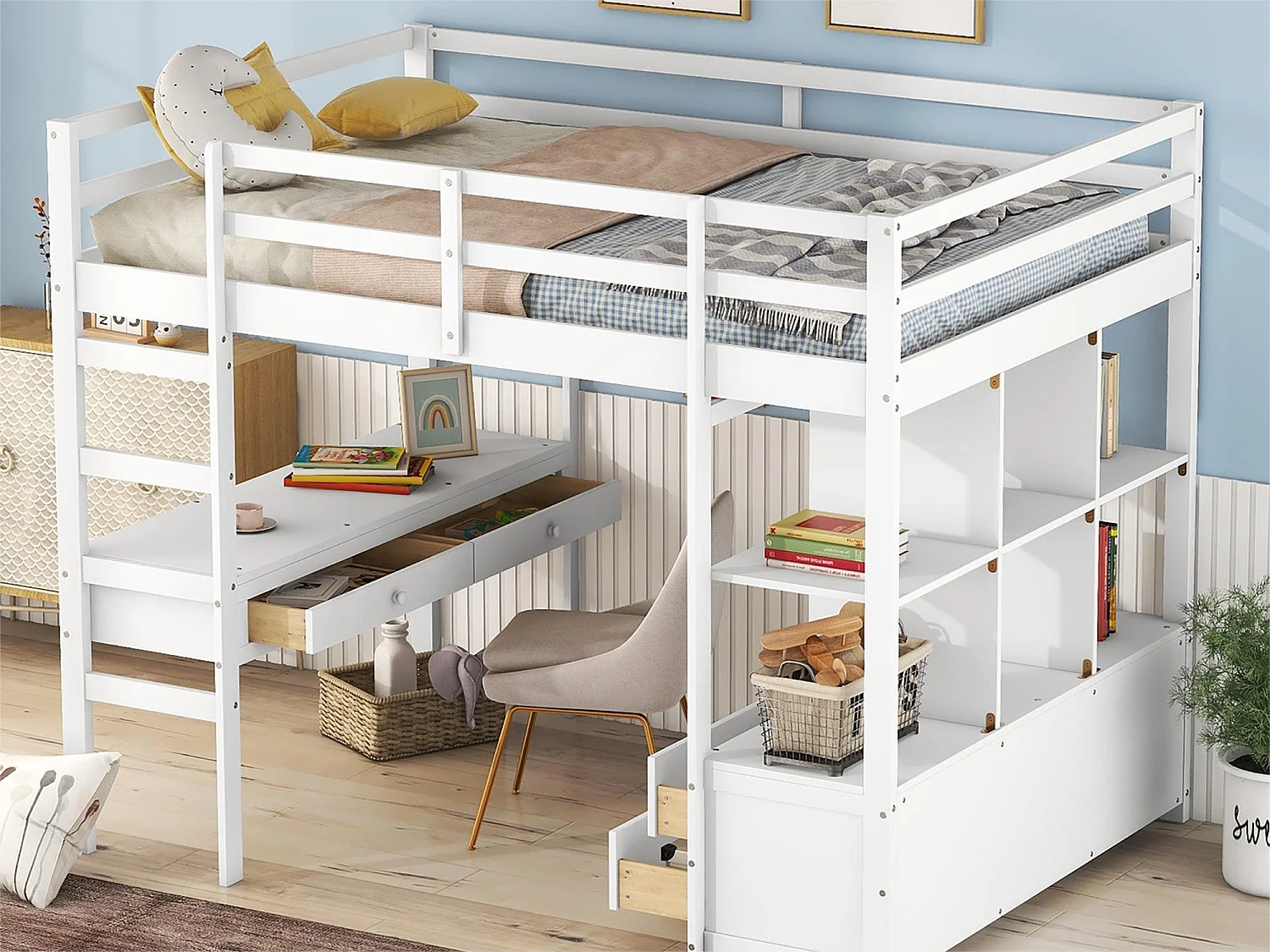 Hochbett für Kinder 140 x 200 cm mit Schubladen und Schreibtisch – Kiefernholz – Lattenrost – Weiß