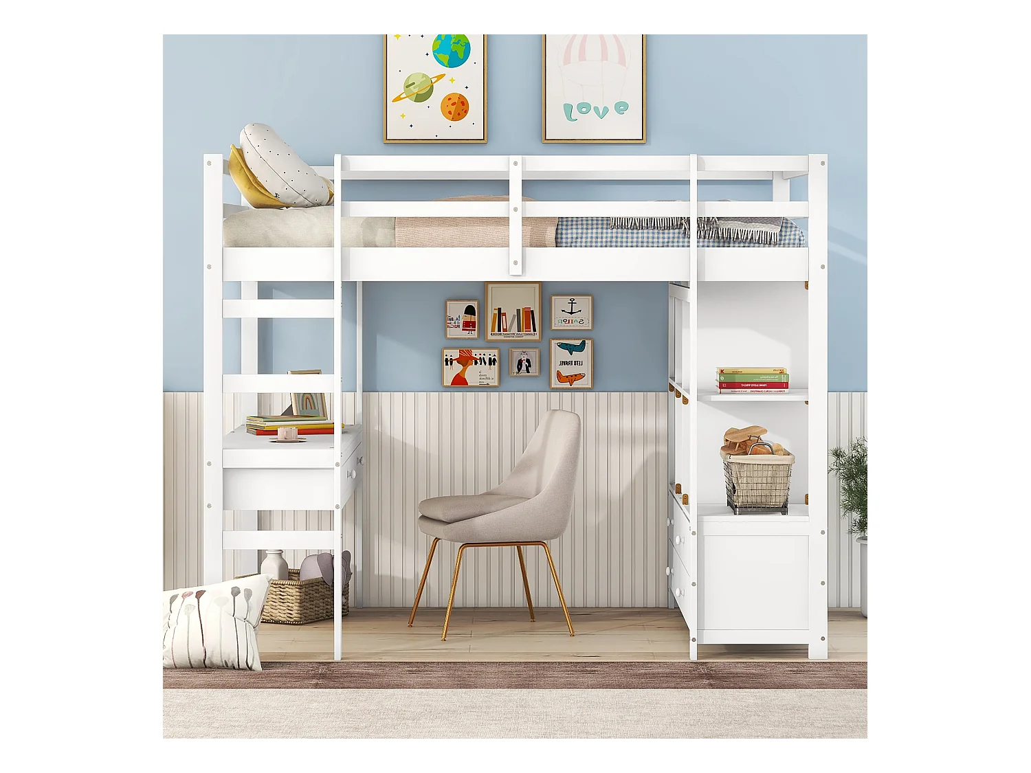 Hochbett für Kinder 140 x 200 cm mit Schubladen und Schreibtisch – Kiefernholz – Lattenrost – Weiß