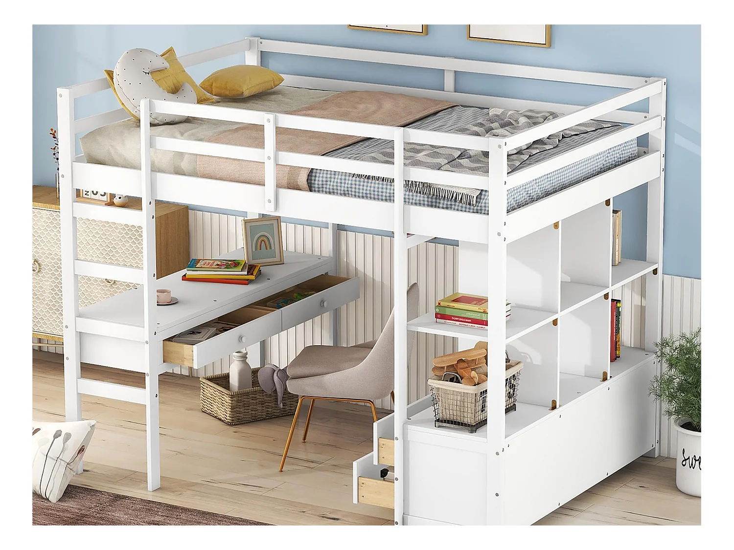 Lit mezzanine enfant 140 x 200 cm avec tiroirs et bureau - Bois de pin - Sommier à lattes - Blanc