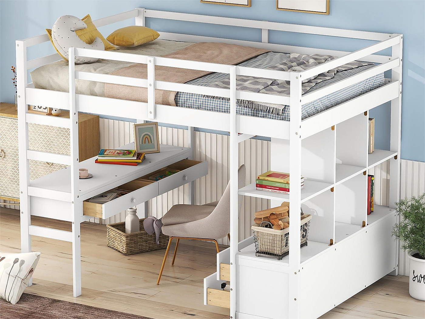 Letto A Soppalco 2 Posti Per Bambini E Ragazzi, 140x200 Cm, Con Scala Armadio, Scrivania, Scaffali E Sponde Di Sicurezza, Bianco/Nero