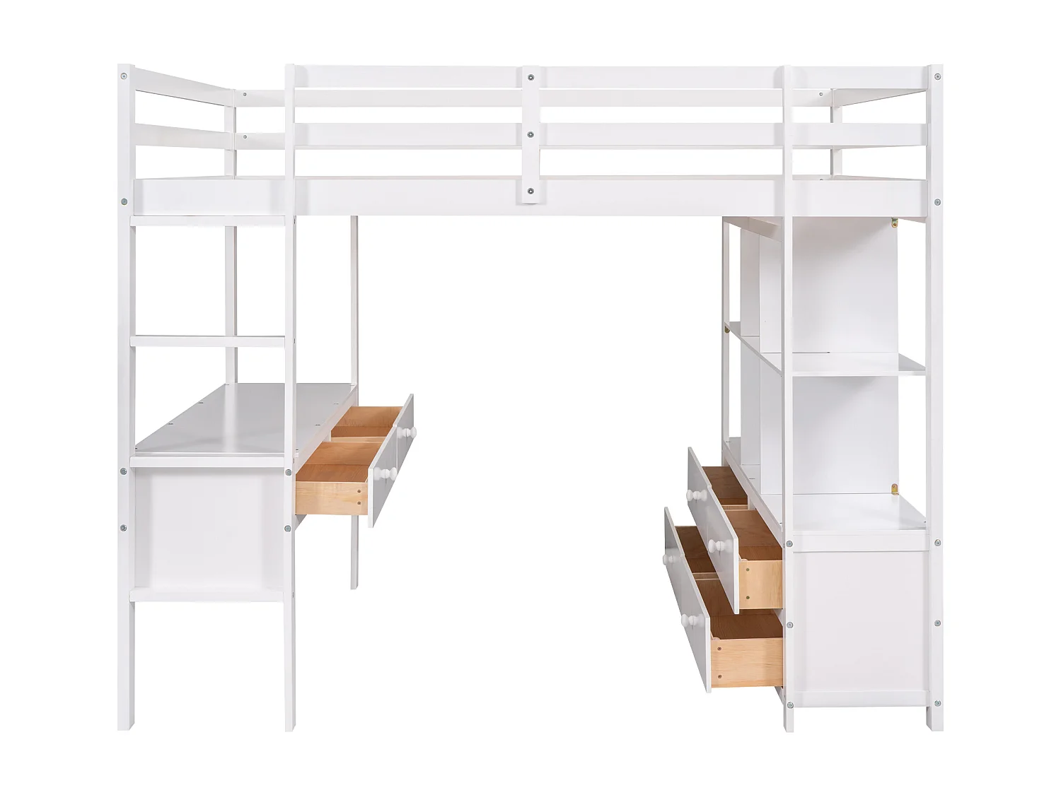 Lit mezzanine enfant 140 x 200 cm avec tiroirs et bureau - Bois de pin - Sommier à lattes - Blanc