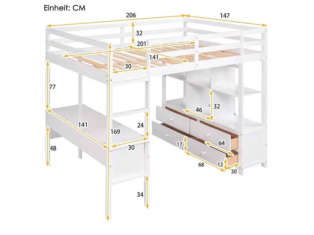 Lit mezzanine enfant 140 x 200 cm avec tiroirs et bureau - Bois de pin - Sommier à lattes - Blanc