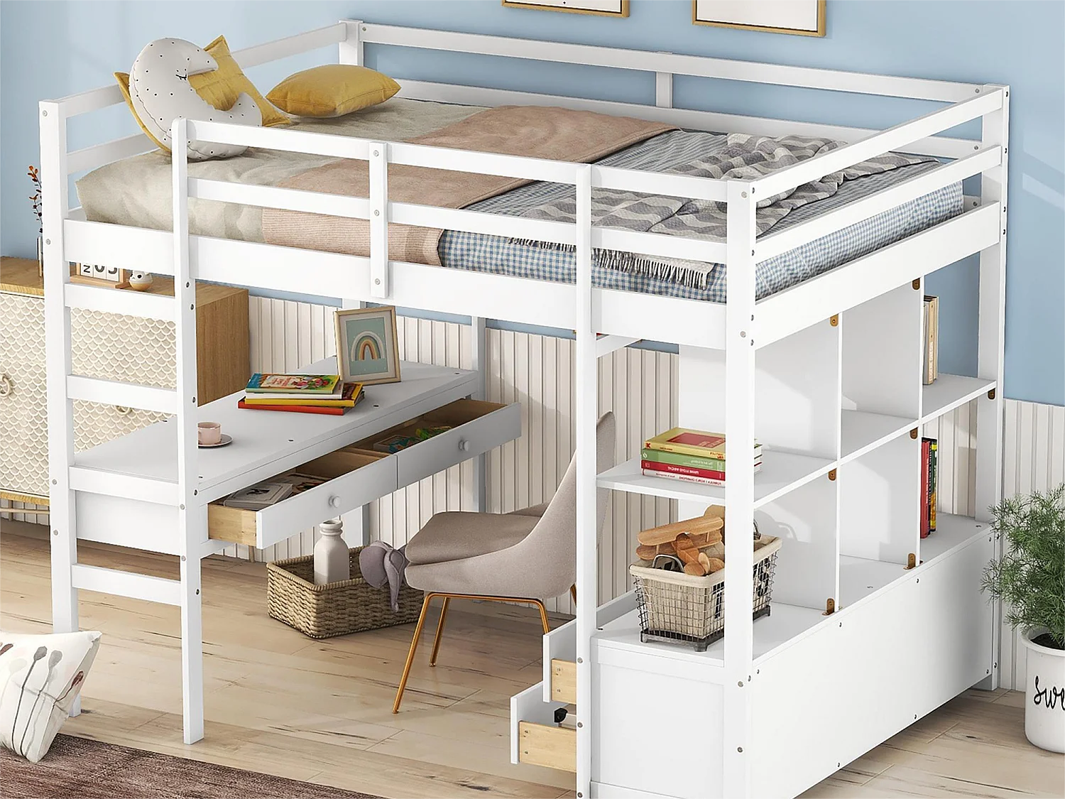 Kinderhoogslaper 140 x 200 cm met lades en bureau - Dennenhout - Lattenbodem - Wit