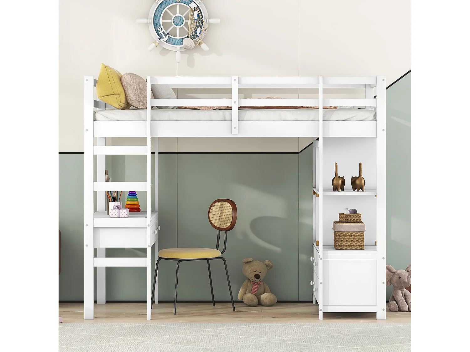 Lit mezzanine enfant 90 x 200 cm avec tiroirs et bureau - Bois de pin - Sommier à lattes - Gris