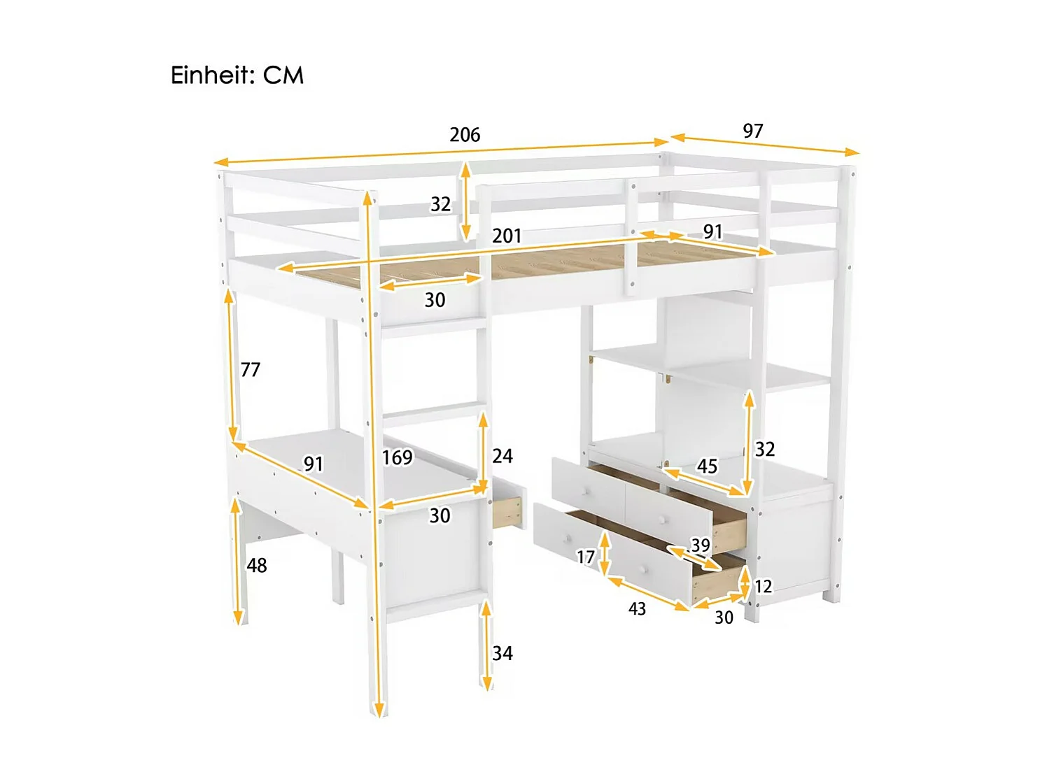 Lit mezzanine enfant 90 x 200 cm avec tiroirs et bureau - Bois de pin - Sommier à lattes - Gris