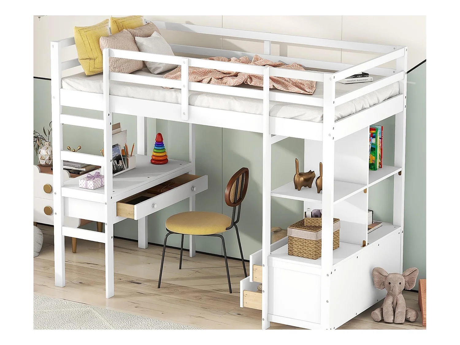 Letto a soppalco per bambini 90 x 200 cm con cassetti e scrivania - Legno di pino - Rete a doghe - Grigio