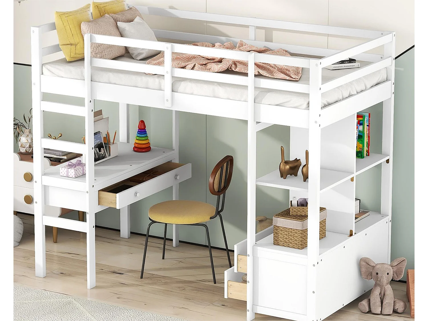 Lit mezzanine enfant 90 x 200 cm avec tiroirs et bureau - Bois de pin - Sommier à lattes - Gris