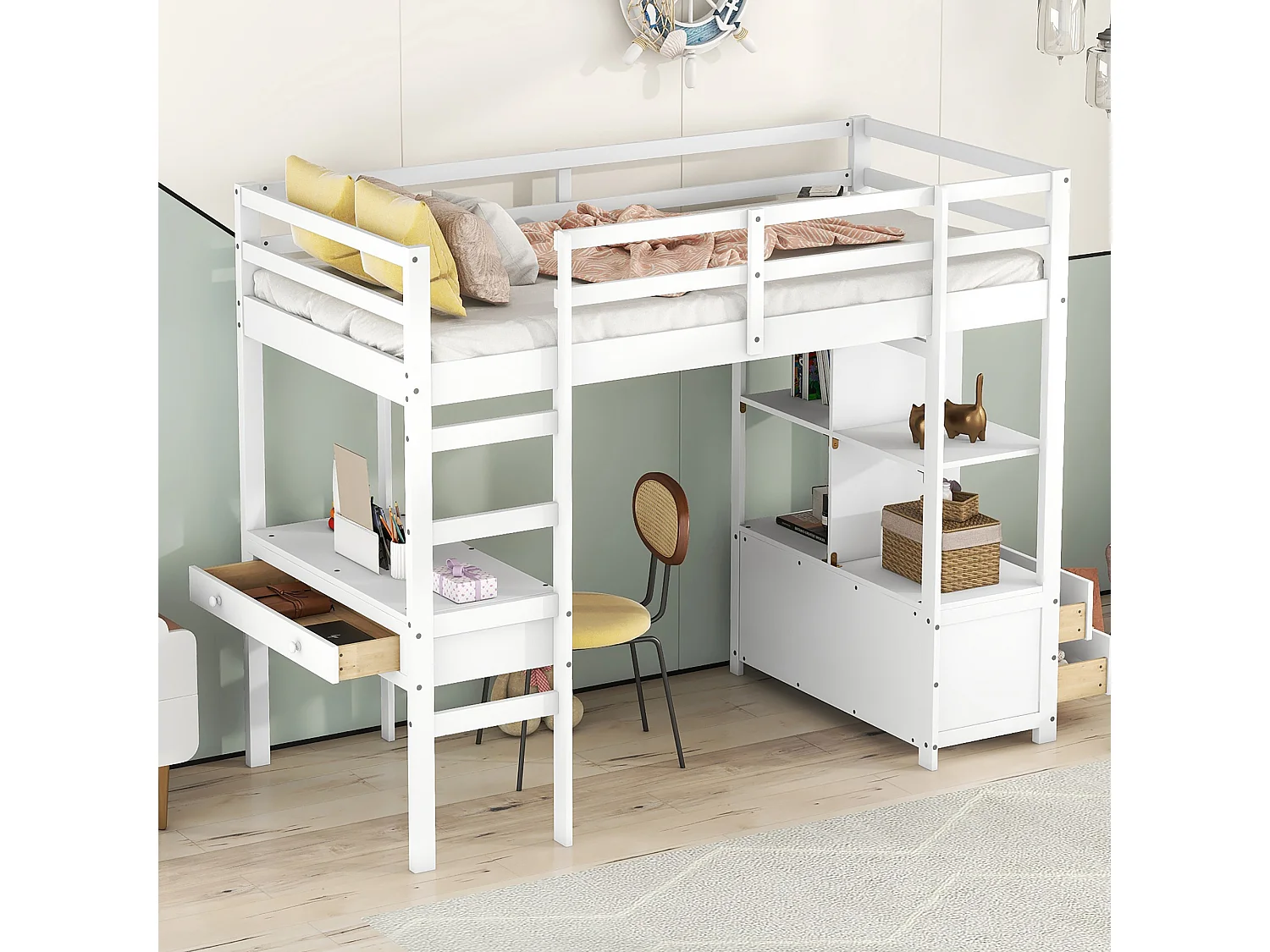 Lit mezzanine enfant 90 x 200 cm avec tiroirs et bureau - Bois de pin - Sommier à lattes - Gris