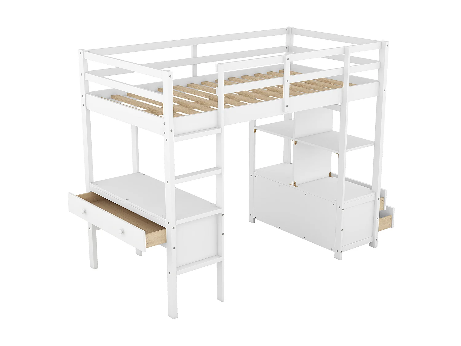 Lit mezzanine enfant 90 x 200 cm avec tiroirs et bureau - Bois de pin - Sommier à lattes - Gris