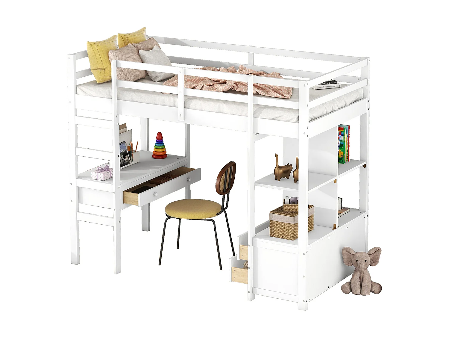 Lit mezzanine enfant 90 x 200 cm avec tiroirs et bureau - Bois de pin - Sommier à lattes - Gris
