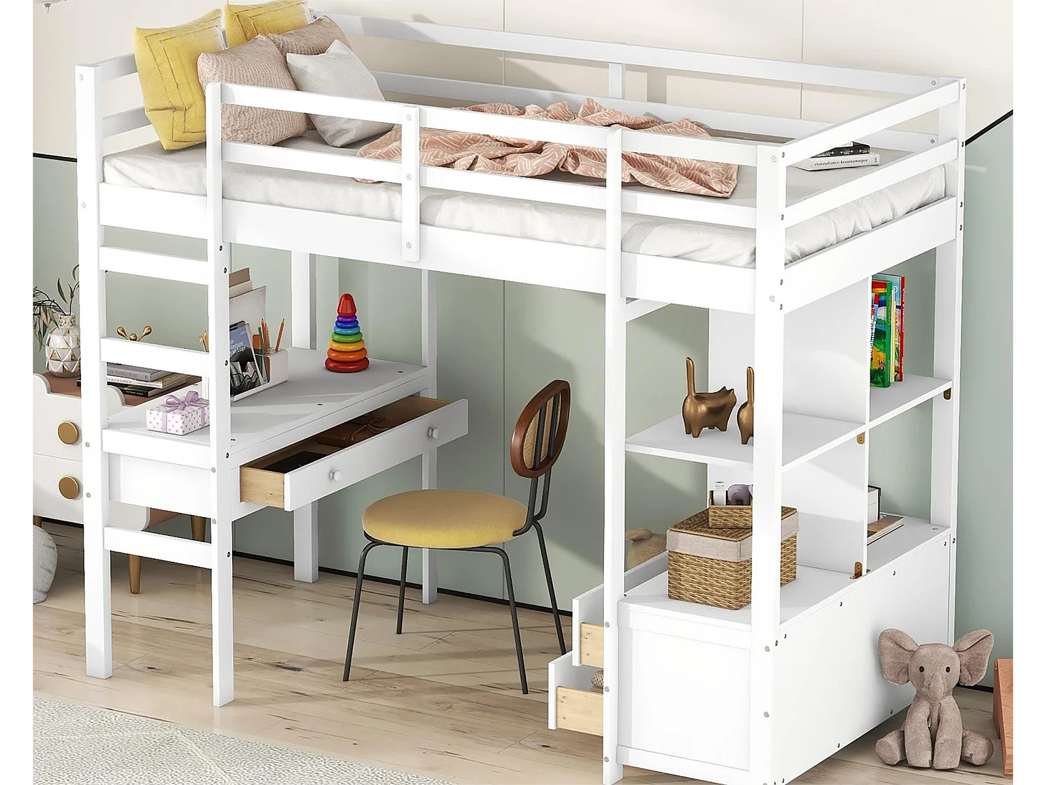 Letto a soppalco per bambini 90 x 200 cm con cassetti e scrivania - Legno di pino - Rete a doghe - Grigio