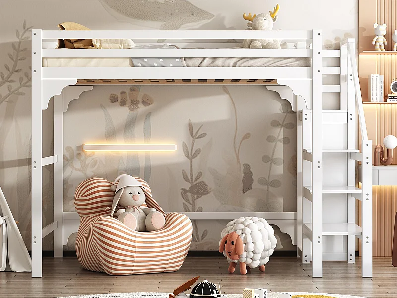 Hochbett 140 x 200 cm mit Treppe und Kleiderschrank, Kiefernholz und MDF, inklusive Lattenrost, weiß