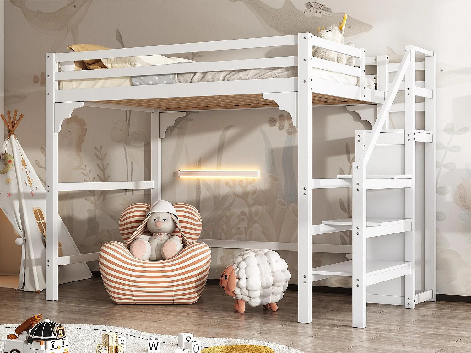 Hoogslaper 140 x 200 cm met trap en kledingkast, grenenhout en MDF, inclusief lattenbodem, wit