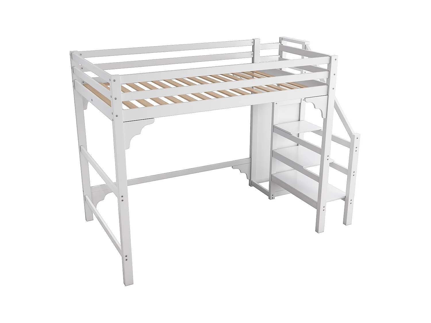 Hoogslaper 140 x 200 cm met trap en kledingkast, grenenhout en MDF, inclusief lattenbodem, wit