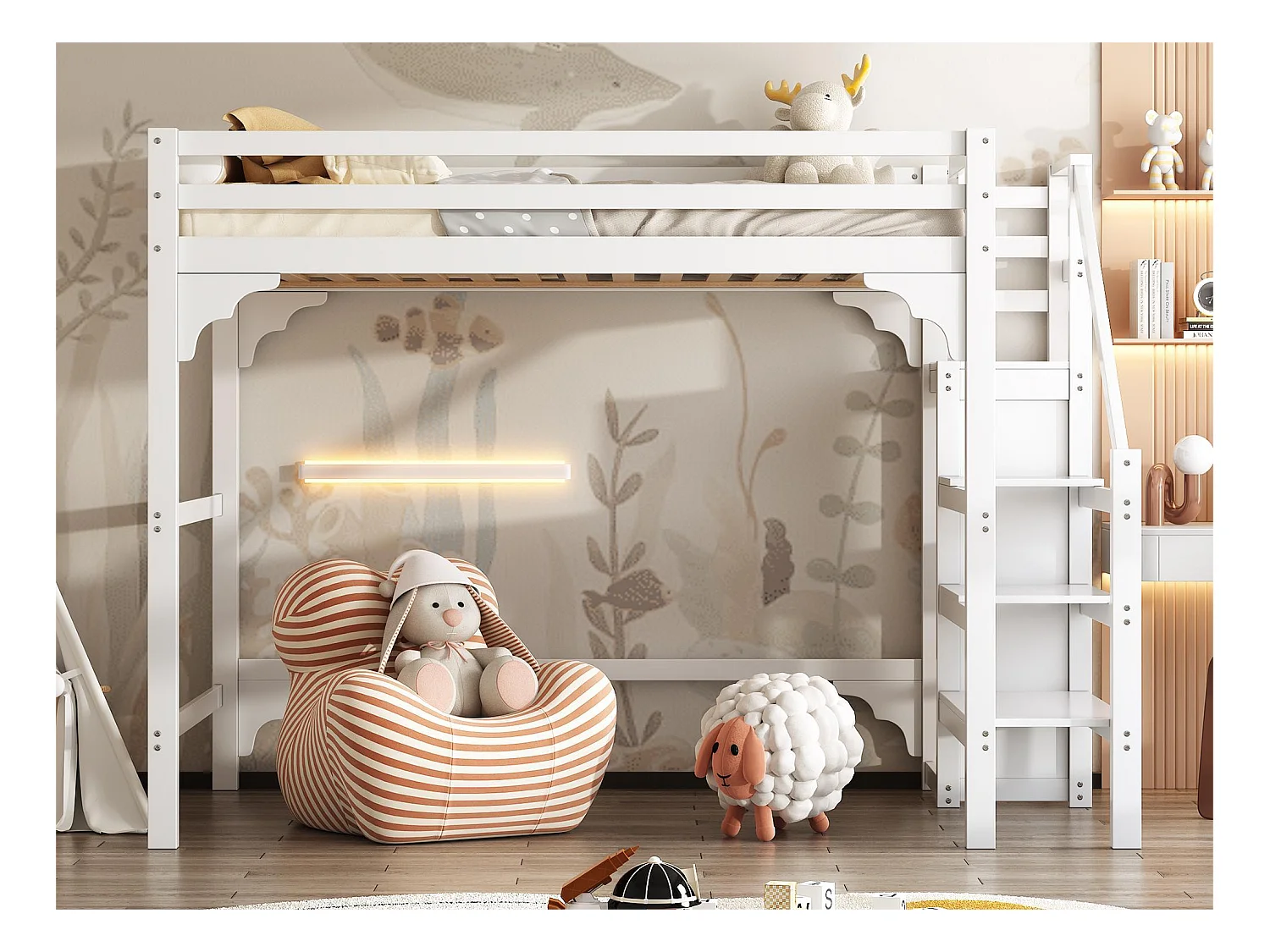 Lit mezzanine 140 x 200 cm avec escalier et penderie, bois pin et MDF, sommier à lattes inclus, blanc