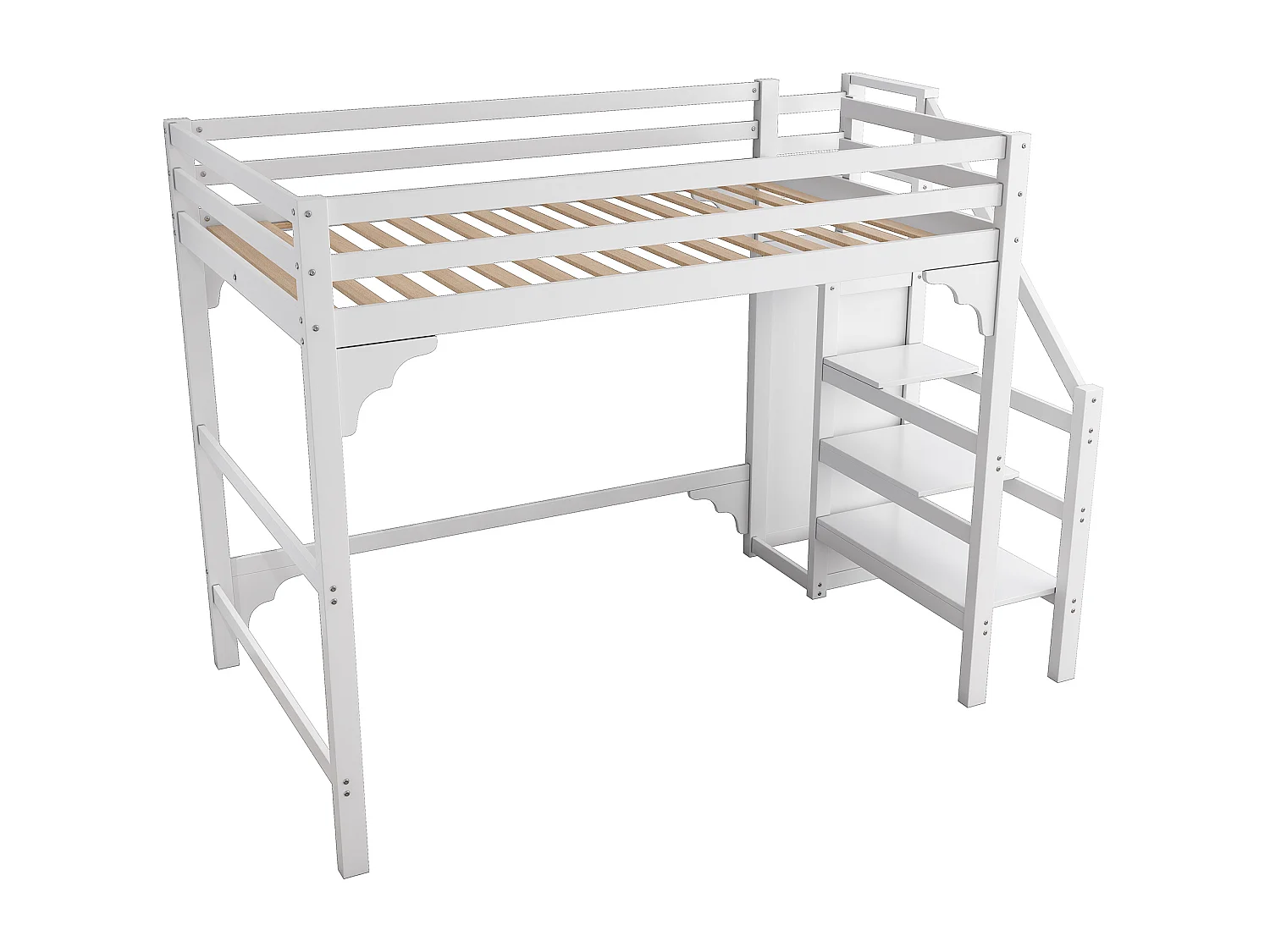 Hoogslaper 140 x 200 cm met trap en kledingkast, grenenhout en MDF, inclusief lattenbodem, wit