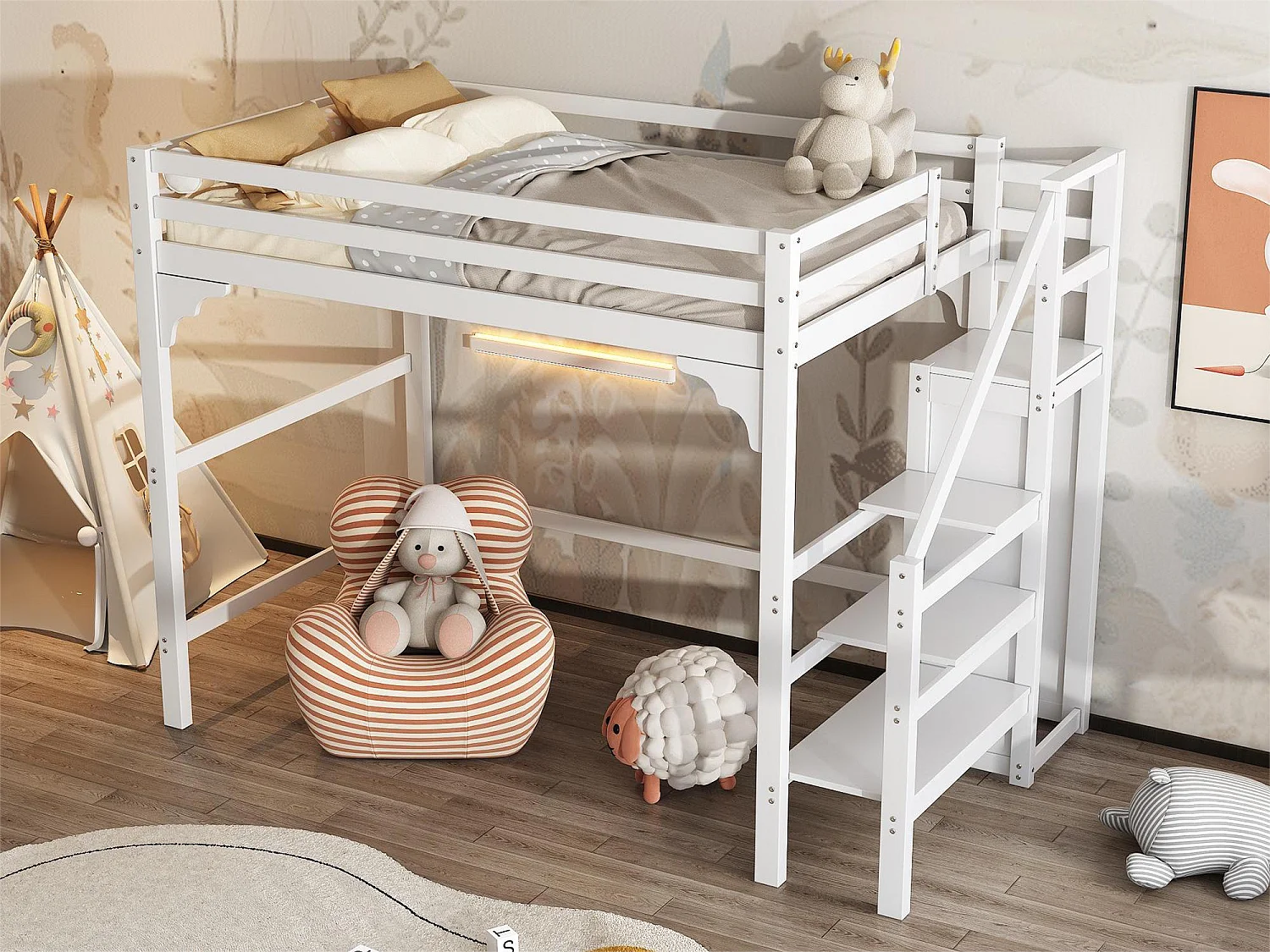 Hoogslaper 140 x 200 cm met trap en kledingkast, grenenhout en MDF, inclusief lattenbodem, wit