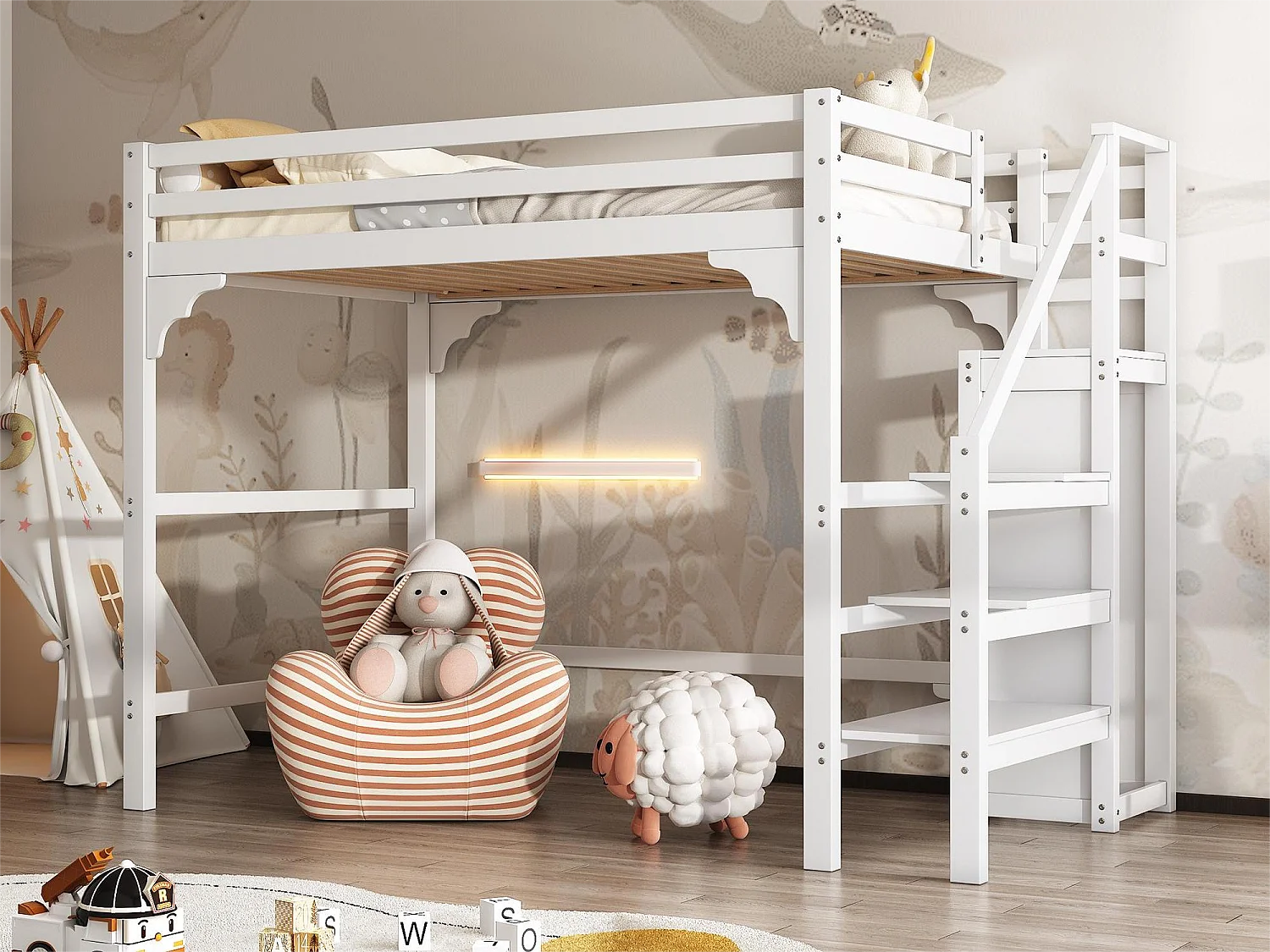 Lit mezzanine 140 x 200 cm avec escalier et penderie, bois pin et MDF, sommier à lattes inclus, blanc