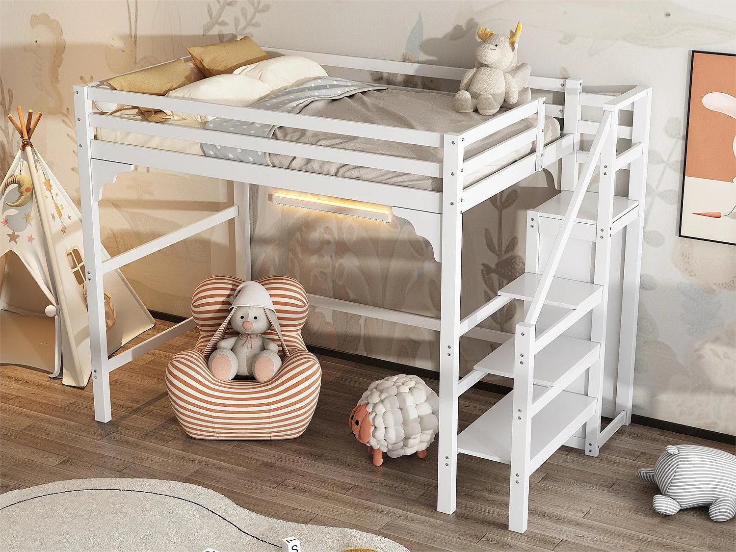 Lit mezzanine 140 x 200 cm avec escalier et penderie, bois pin et MDF, sommier à lattes inclus, blanc