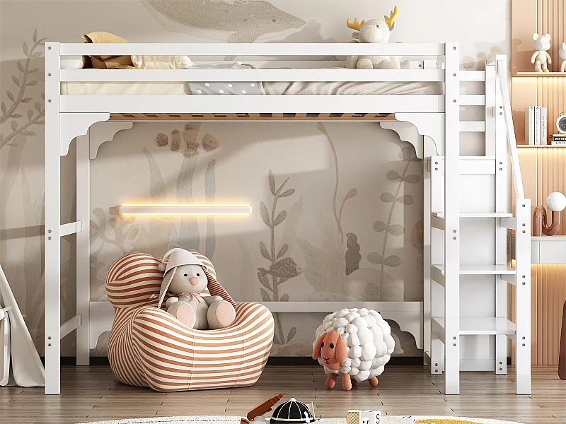 Hochbett 140 x 200 cm mit Treppe und Kleiderschrank, Kiefernholz und MDF, inklusive Lattenrost, weiß