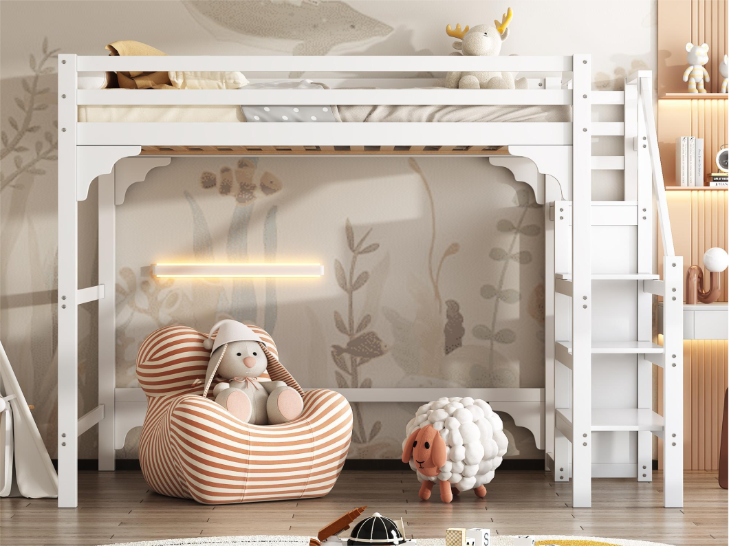 Cama alta 140 x 200 cm com escada e guarda-roupa, madeira de pinho e MDF, base de ripas incluída, branca