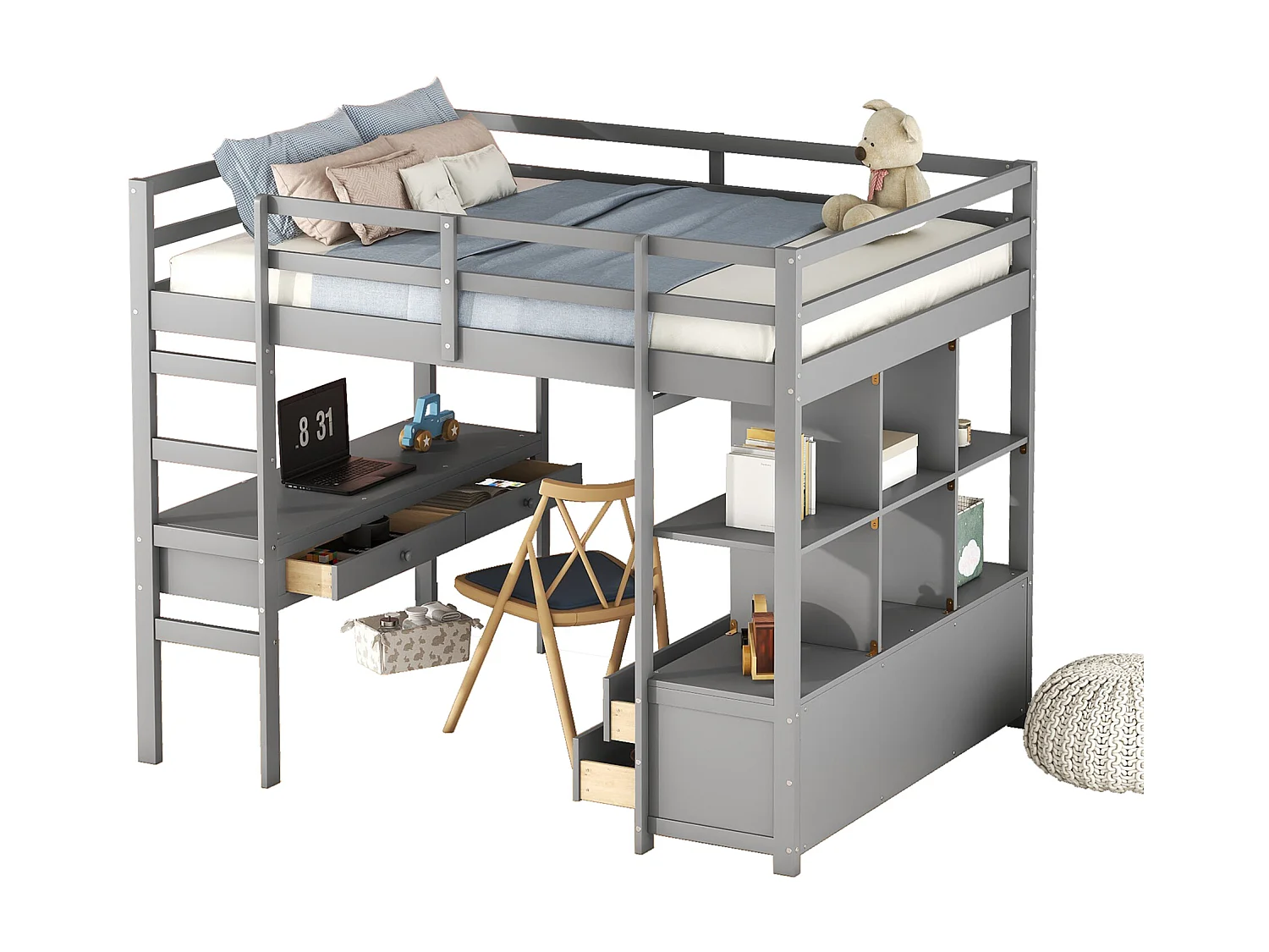 Lit mezzanine enfant 140 x 200 cm avec tiroirs et bureau - Bois de pin - Sommier à lattes - Gris