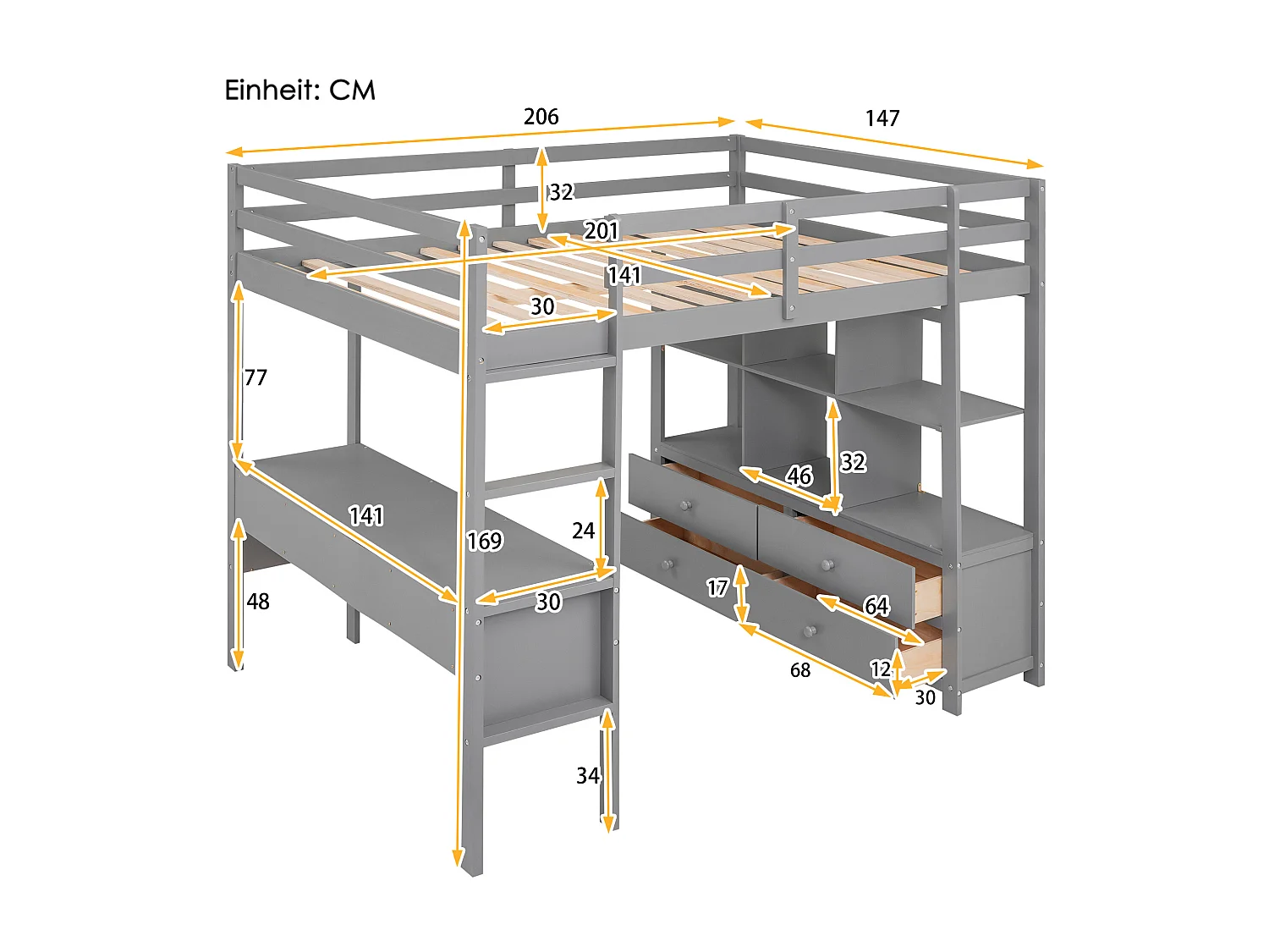 Lit mezzanine enfant 140 x 200 cm avec tiroirs et bureau - Bois de pin - Sommier à lattes - Gris