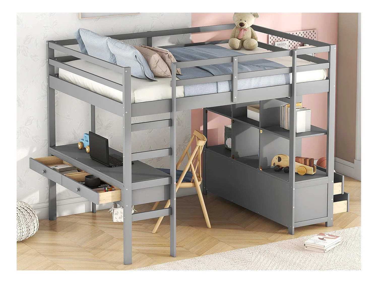 Lit mezzanine enfant 140 x 200 cm avec tiroirs et bureau - Bois de pin - Sommier à lattes - Gris