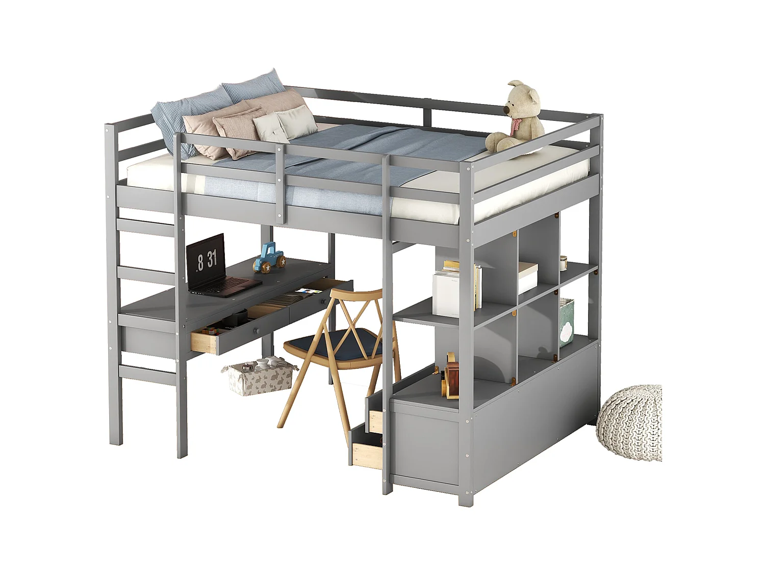 Hochbett für Kinder 140 x 200 cm mit Schubladen und Schreibtisch – Kiefernholz – Lattenrost – Grau