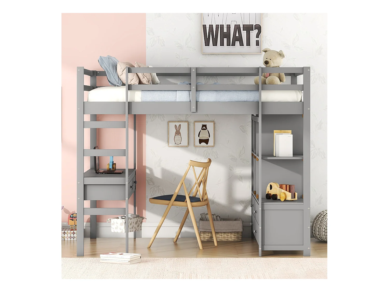 Hochbett für Kinder 140 x 200 cm mit Schubladen und Schreibtisch – Kiefernholz – Lattenrost – Grau