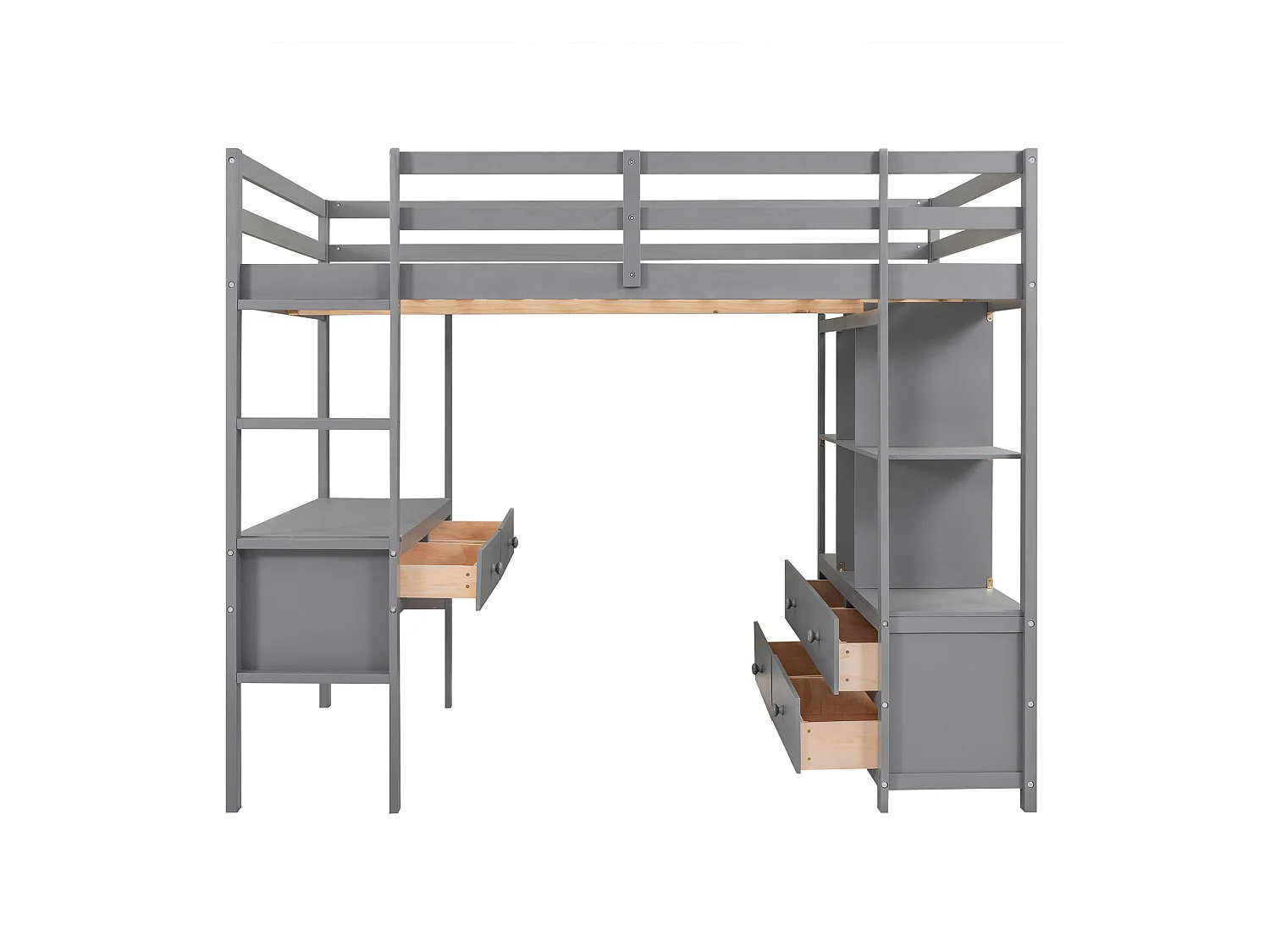 Hochbett für Kinder 140 x 200 cm mit Schubladen und Schreibtisch – Kiefernholz – Lattenrost – Grau