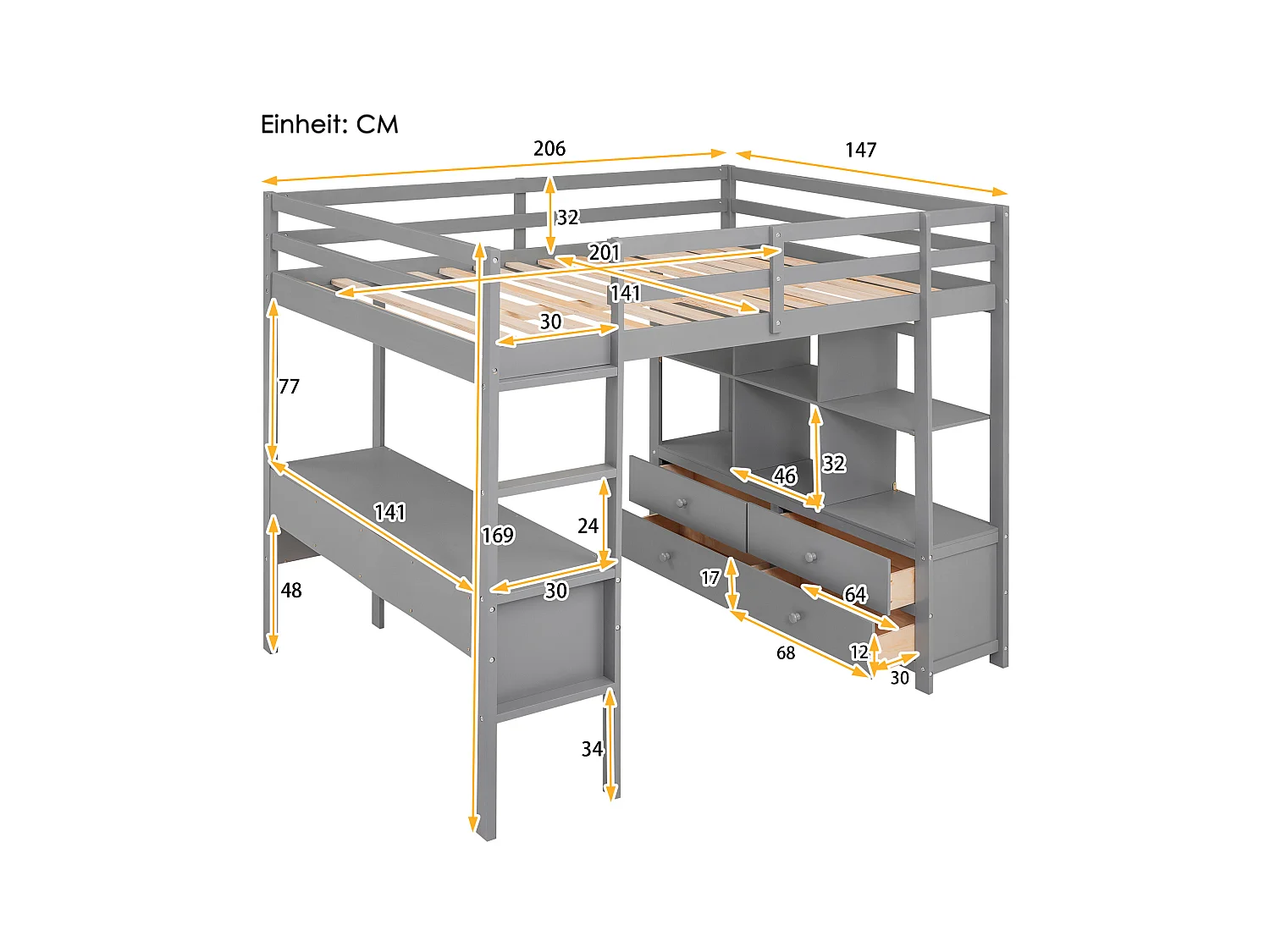 Hochbett für Kinder 140 x 200 cm mit Schubladen und Schreibtisch – Kiefernholz – Lattenrost – Grau