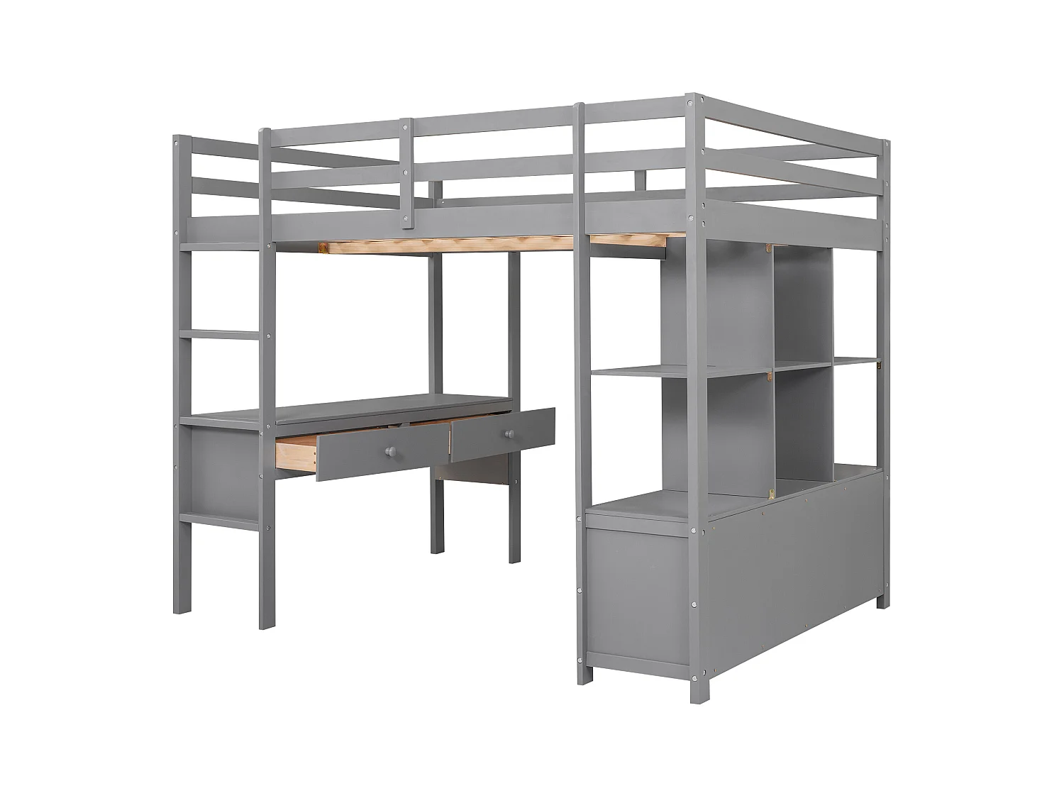 Hochbett für Kinder 140 x 200 cm mit Schubladen und Schreibtisch – Kiefernholz – Lattenrost – Grau