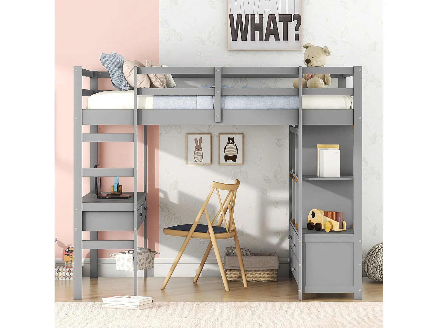 Kindertussenbed 140 x 200 cm met lades en bureau - Grenenhout - Lattenbodem - Grijs