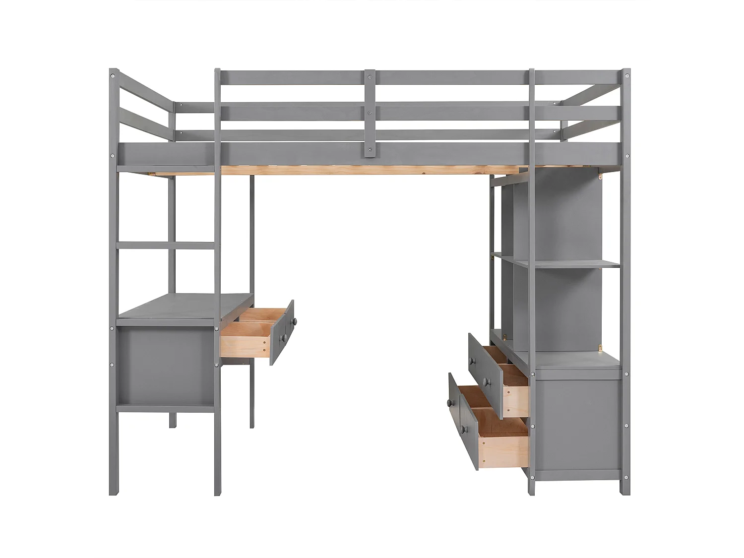 Kindertussenbed 140 x 200 cm met lades en bureau - Grenenhout - Lattenbodem - Grijs