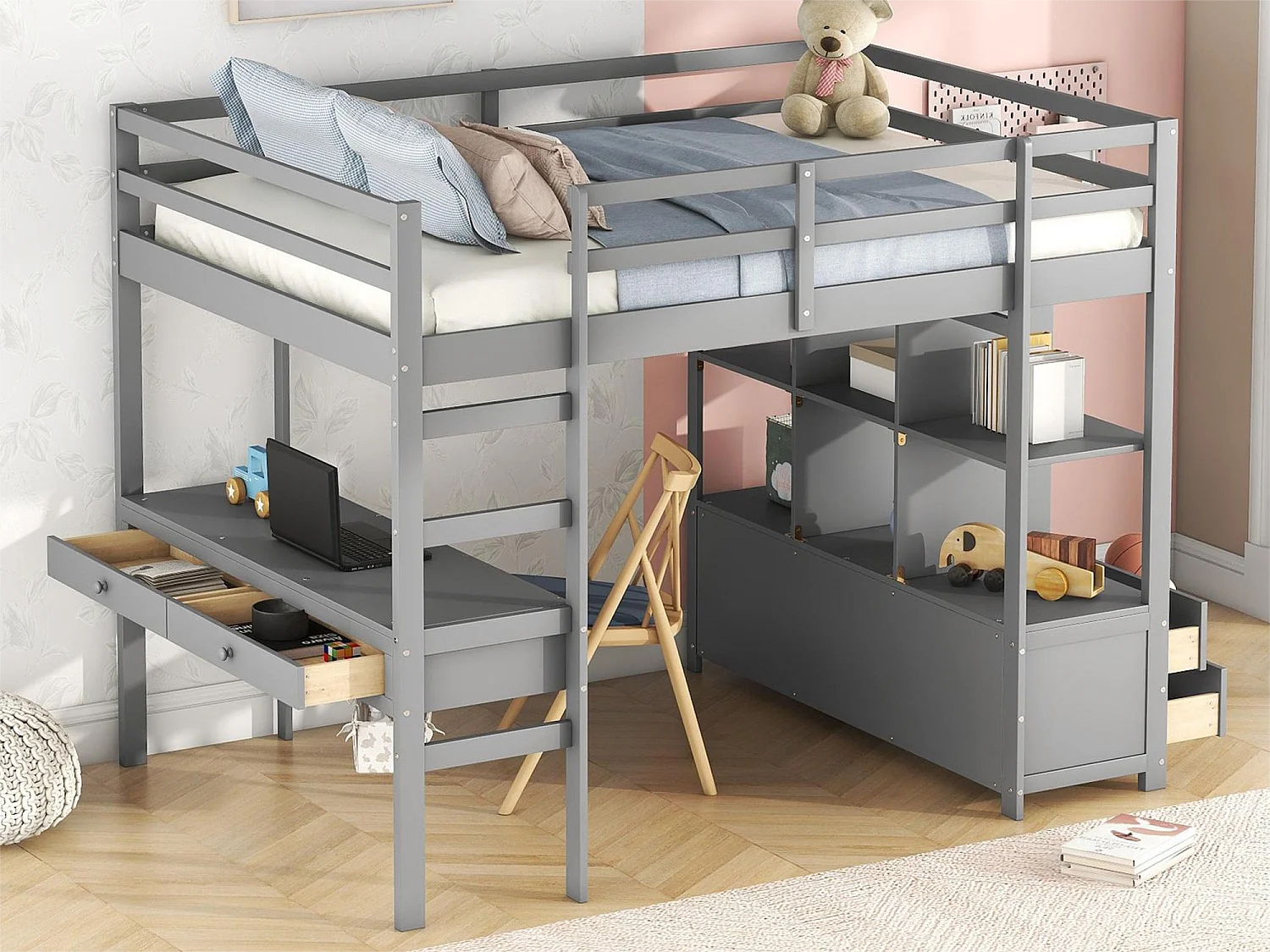 Lit mezzanine enfant 140 x 200 cm avec tiroirs et bureau - Bois de pin - Sommier à lattes - Gris