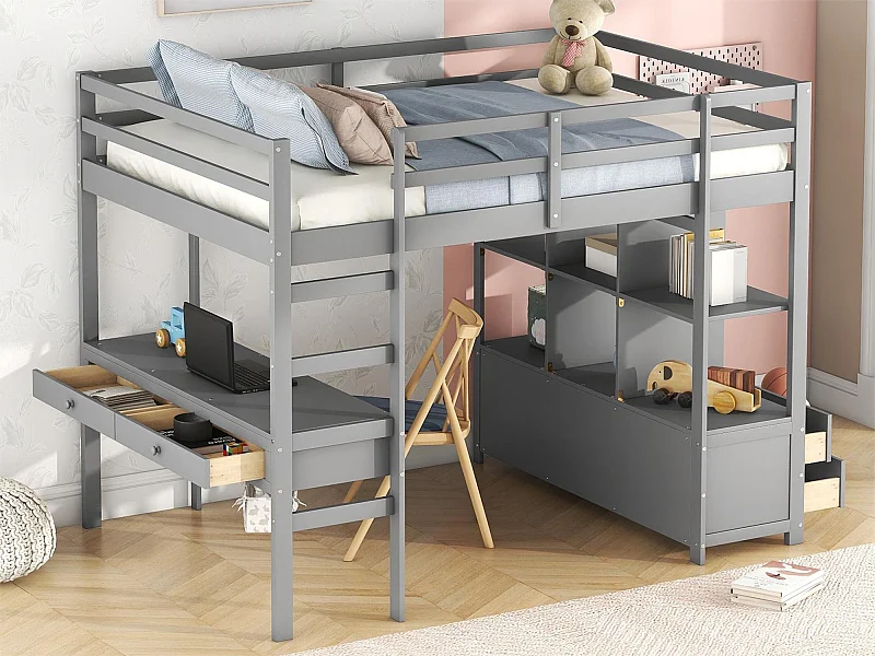 Lit mezzanine enfant 140 x 200 cm avec tiroirs et bureau - Bois de pin - Sommier à lattes - Gris