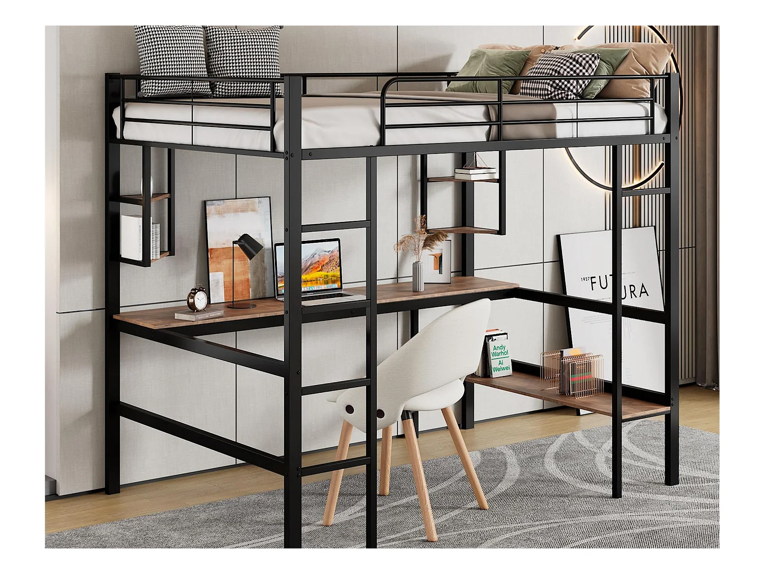 Lit mezzanine avec bureau et étagères pour enfants - 90 x 200 cm - bois MDF et métal - noir