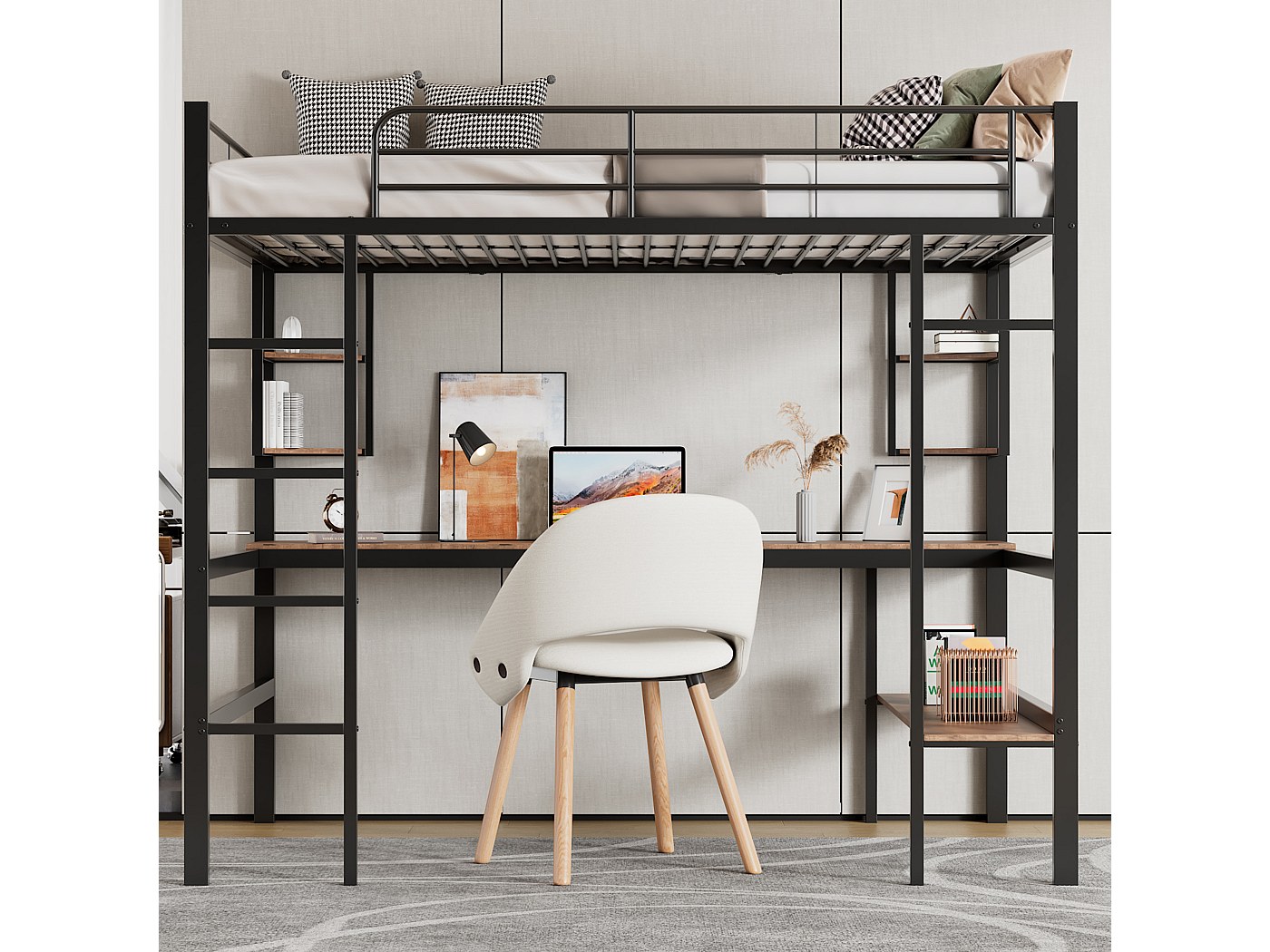 Lcoho Kinderbed, houten bed, hoogslaper met opbergladen en onderbedtafel ( grijs, 140x200cm