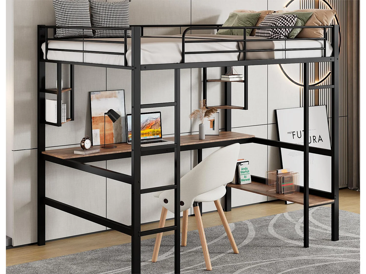 Lit mezzanine avec bureau et étagères pour enfants - 90 x 200 cm - bois MDF et métal - noir