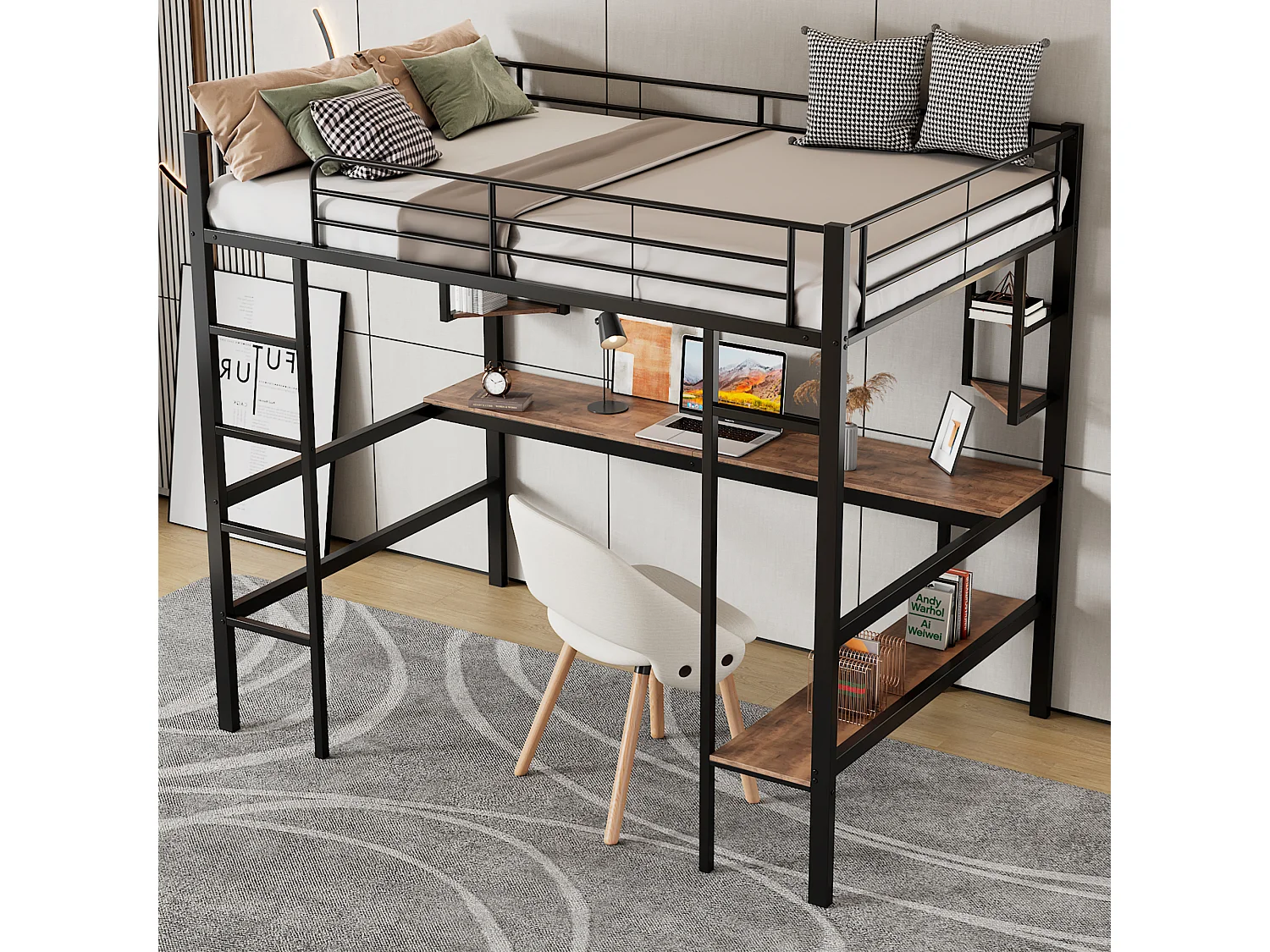 Lit mezzanine avec bureau et étagères pour enfants - 90 x 200 cm - bois MDF et métal - noir