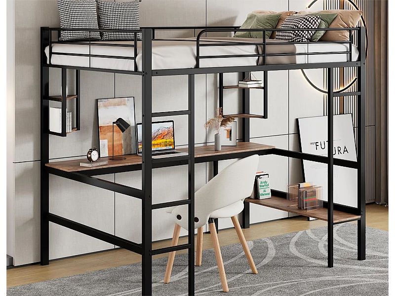 Cama alta con escritorio y estantes para niños - 90 x 200 cm - madera MDF y metal - negro