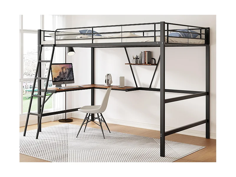 hoogslaper met L-vormig bureau en plank voor kinderen - 90 x 200 cm - MDF hout en metaal - zwart