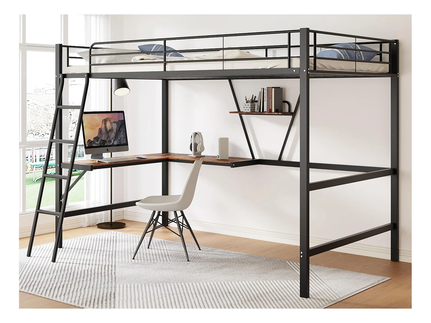 lit mezzanine avec bureau en L et étagère pour enfants - 90 x 200 cm - bois MDF et métal - noir