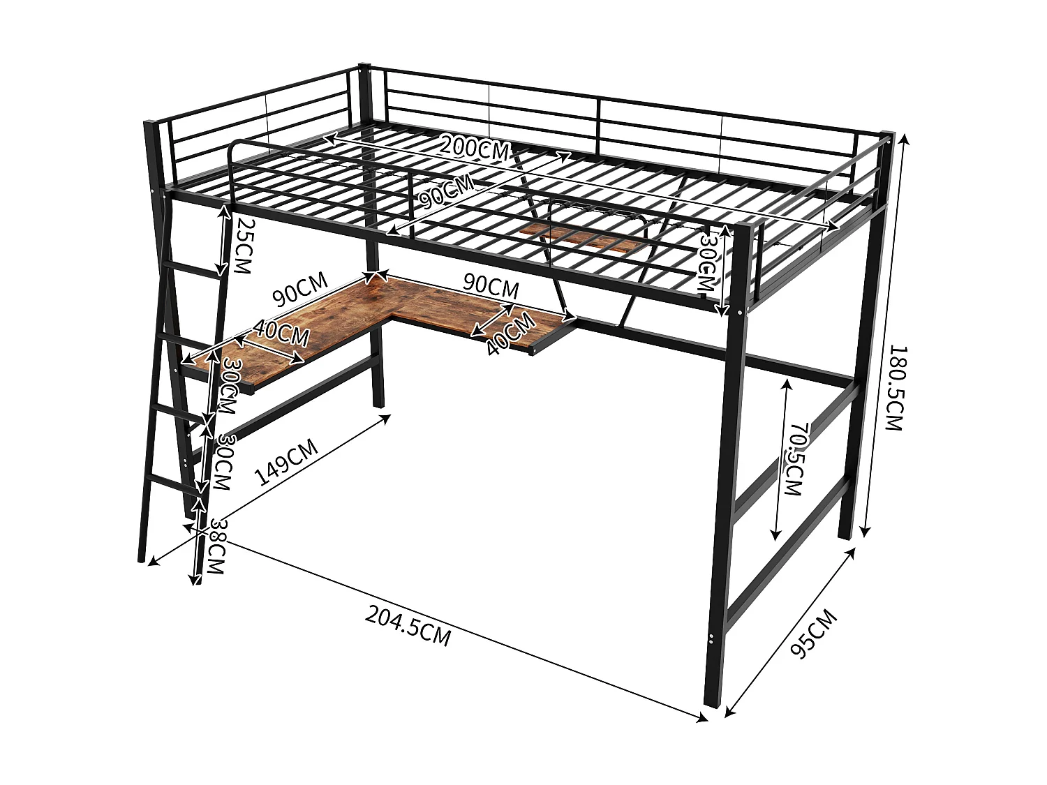 Łóżko piętrowe dla dzieci z biurkiem w kształcie litery L i półką - 90 x 200 cm - drewno MDF i metal - czarne